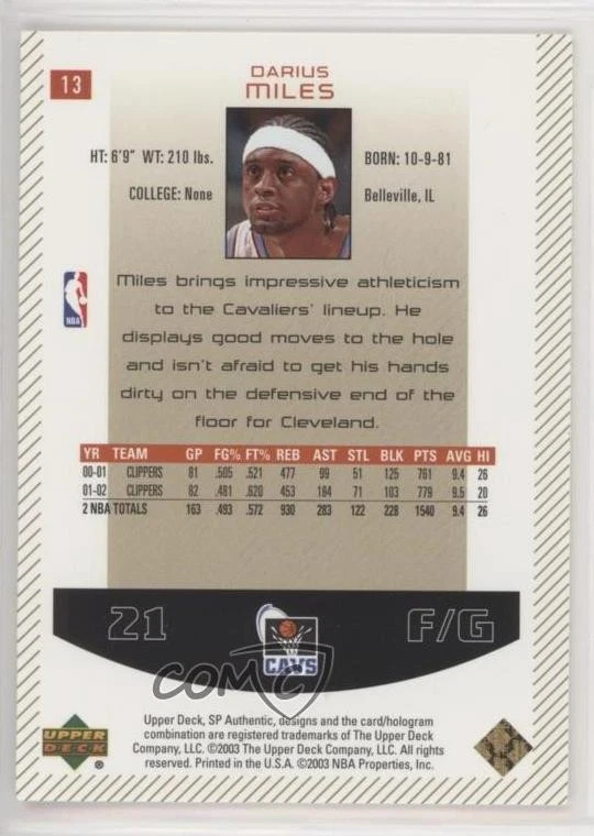 2002-03 SP Authentic SP Limited /100 Darius Miles #13 - Image 2 of 2
