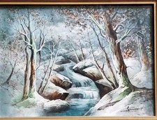Ancien Tableau Émaux de Limoges Leroussaud Sous Bois rivière paysage