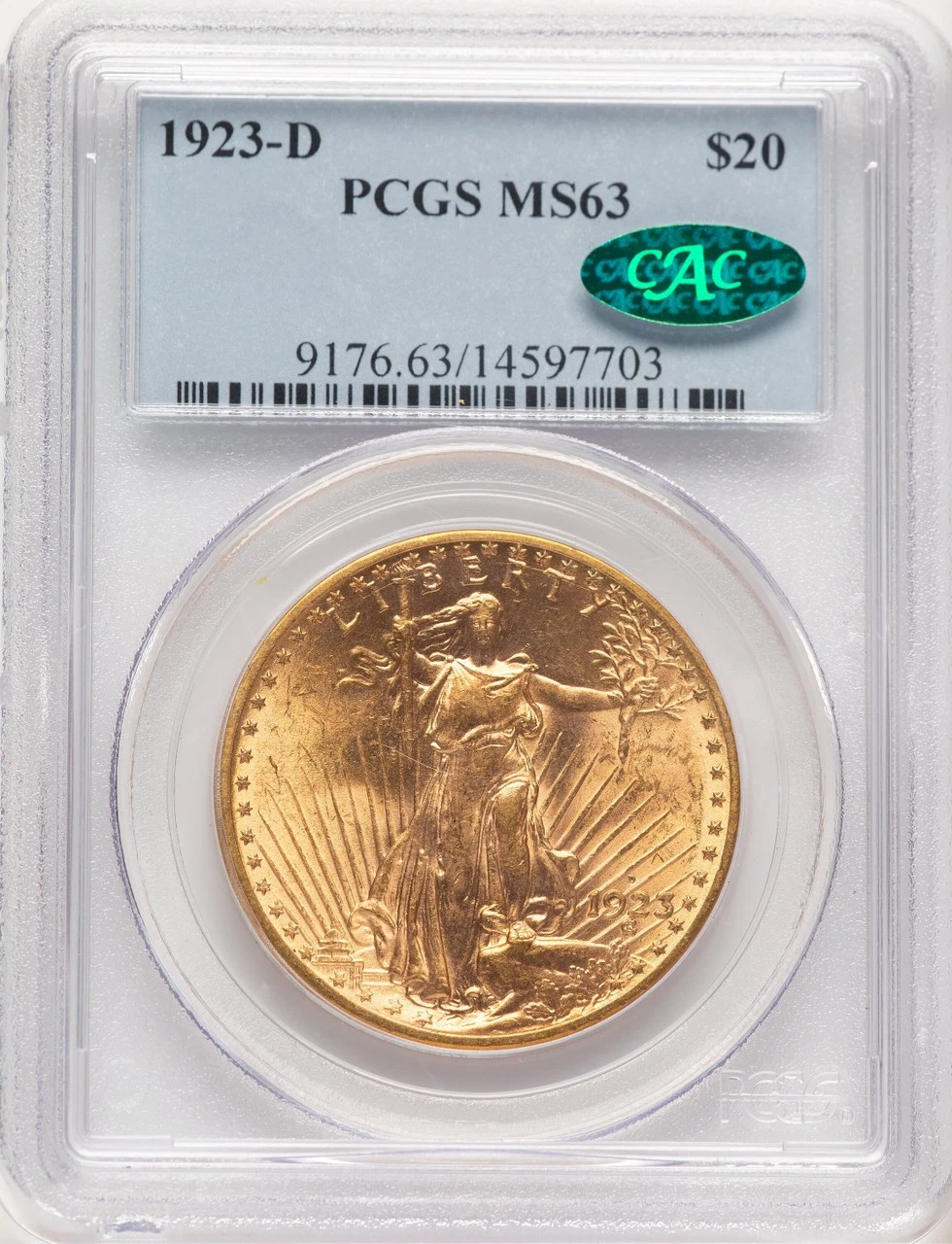 1923-D $20 CAC Saint-Gaudens Double Eagle PCGS MS63