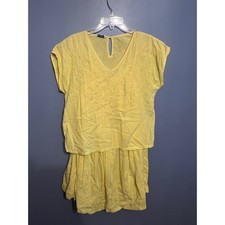 Vintage Women's 2 Piece Skirt Set Yellow Floral Beaded Tunic Top SZ LG India EUC