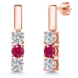 Authentic 1.55 Ct G/H Lab Grown Diamond Red Ruby 18K Rose Gold Plated Silver Earrings