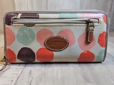 Fossil Polka Dot Canvas Wallet Zip Around Multicolor Leather Trim