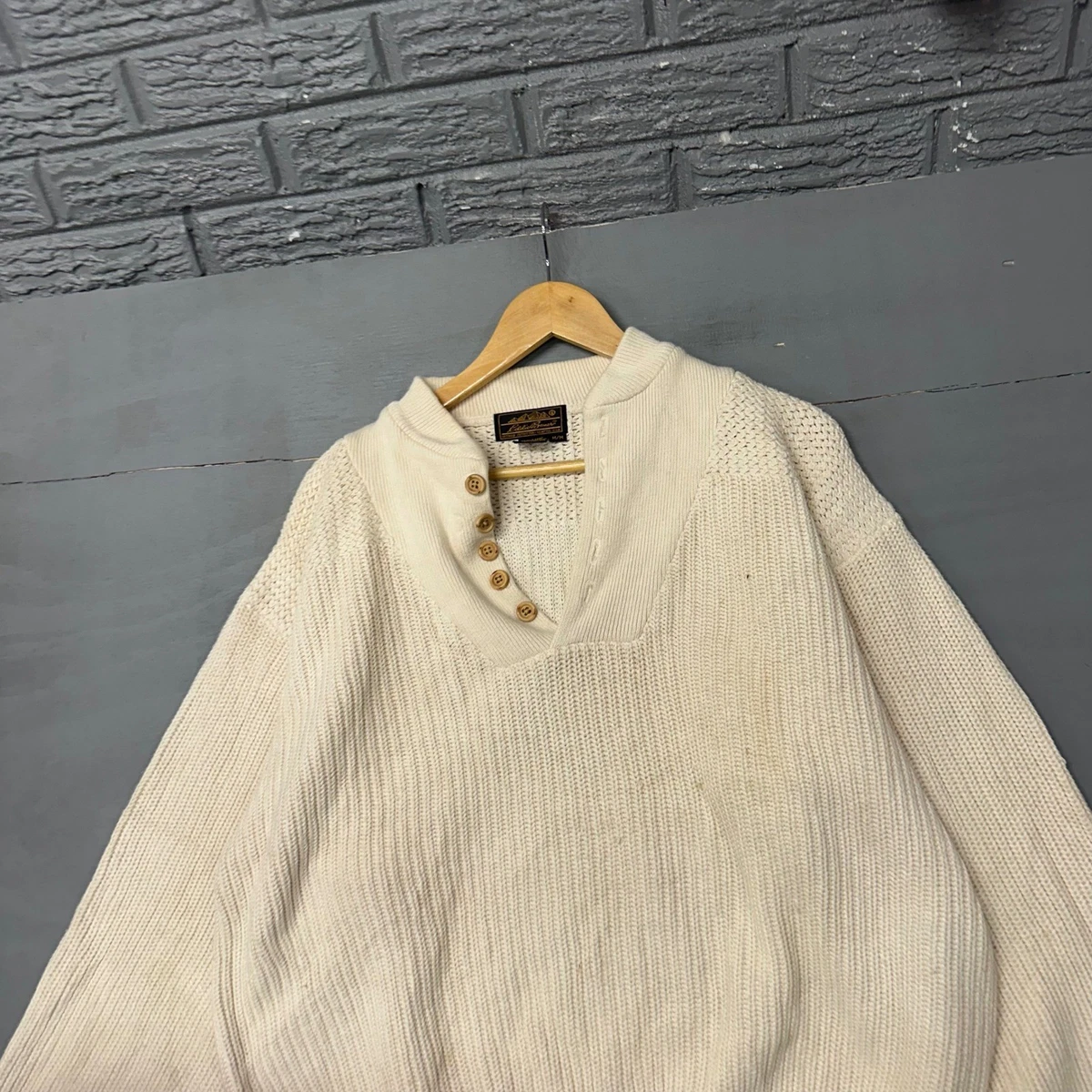 Pull Vintage Eddie Bauer Homme Taille XLT - Henley Marron Gros Tricot Pêcheur - Années 90