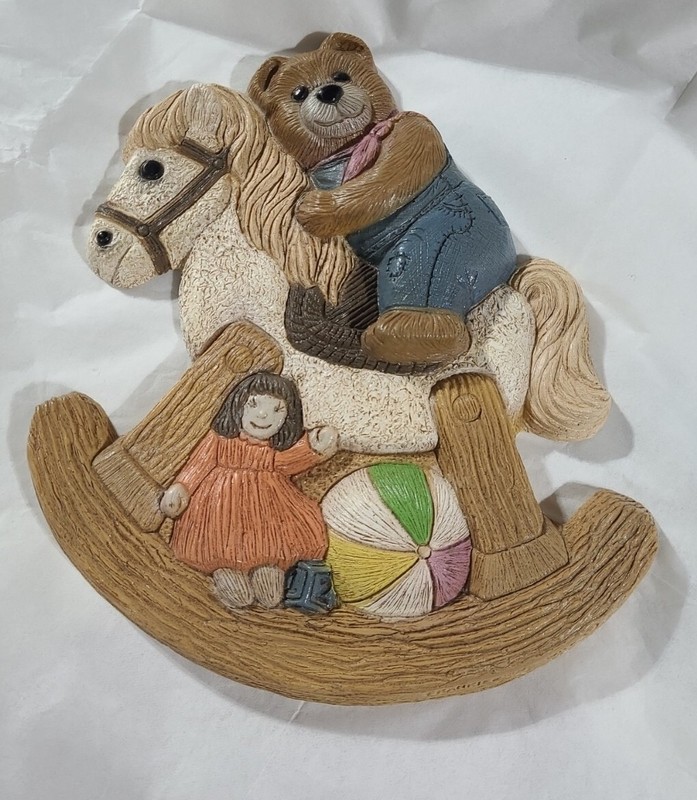 Teddy Bear on Hobby Horse 1986 Frankie's Designs Baby Nursery Wall Plaque Art