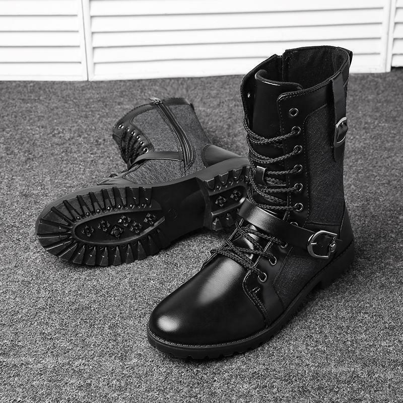 Men's biker Motorcycle Riding Lace Up Buckle Strap Mid Calf Boots Shoes