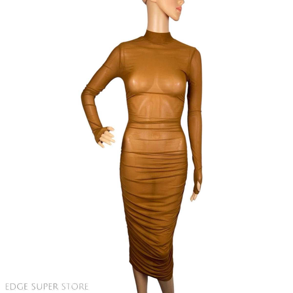 Fashion Nova Free Bird Brown Ruched Turtleneck Sheer Thumb Hole Dress Size  XS