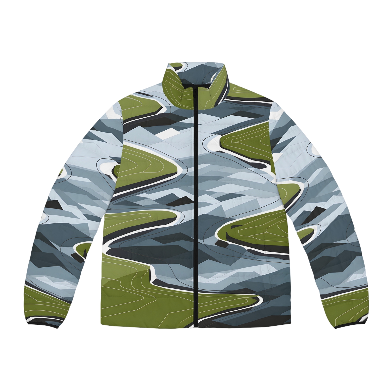 Abstract Lakes Puffer Jacket – Stylish Warm Outdoor Apparel for Adventures