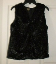 NWT TRUE CRAFT GIRLS OCTOBER, BLACK FAUX FUR VEST WITH GOLD METALLIC, SIZE XL