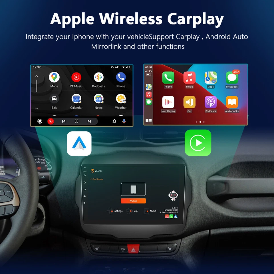 9" Per Jeep Renegade 2015-2020 Autoradio CarPlay Android 14 GPS Navi OBD AM 32GB - Immagine 4 di 4