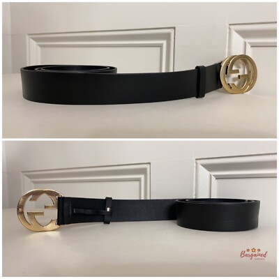 Authentic Gucci Black Calfskin Leather Gold Interlocking G Buckle