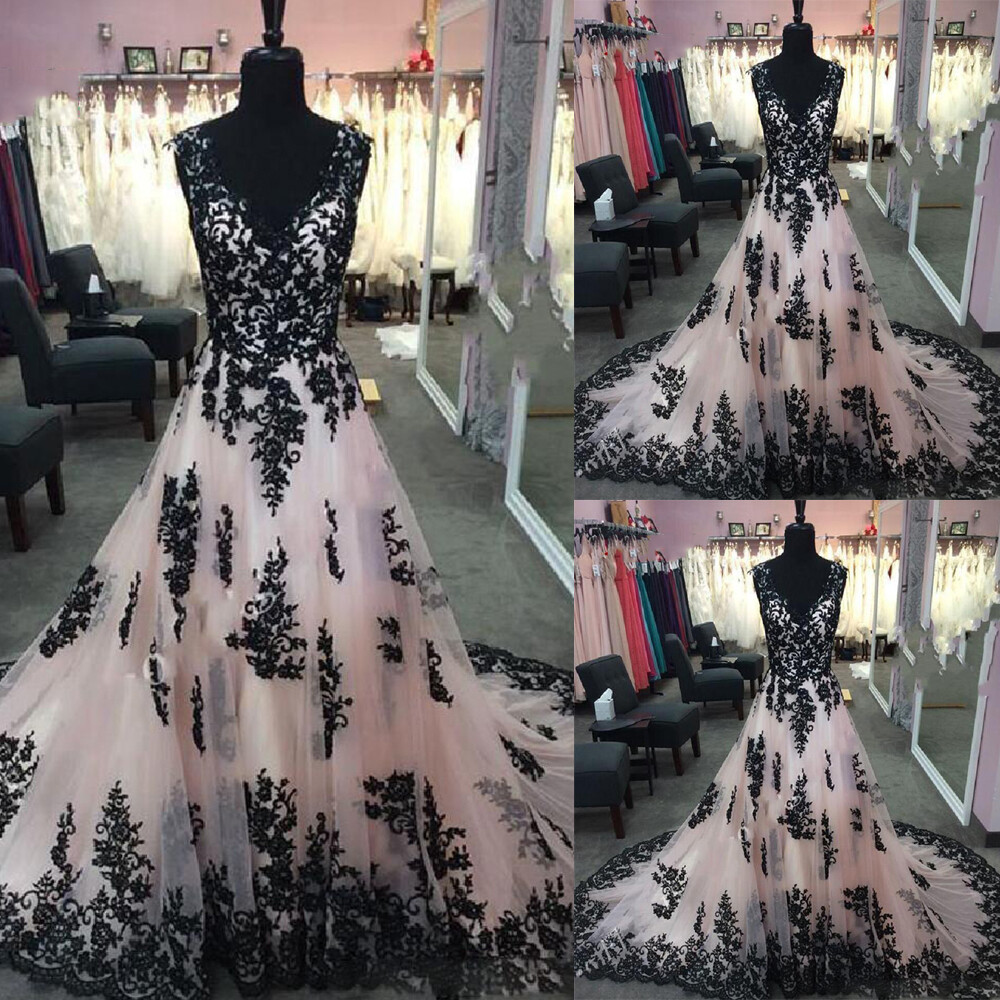 Gothic Wedding Dresses With Train Long Lace V Neck Black Appliques Bridal Gowns | eBay Gothic Wedding Dresses With Train Long Lace V Neck Black Appliques Bridal Gowns | eBay