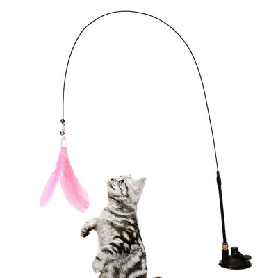 Cat Feather Wand Stick with Suction Cup Wire Teaser Kitten Toy w/ Dangle Bell