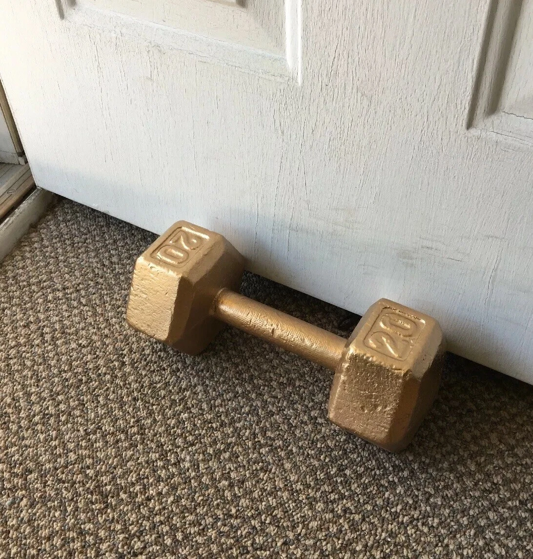 Vintage 20 lbs GOLDEN DUMBBELL Trophy Cast Iron Doorstop Weight Lifting Room Dec