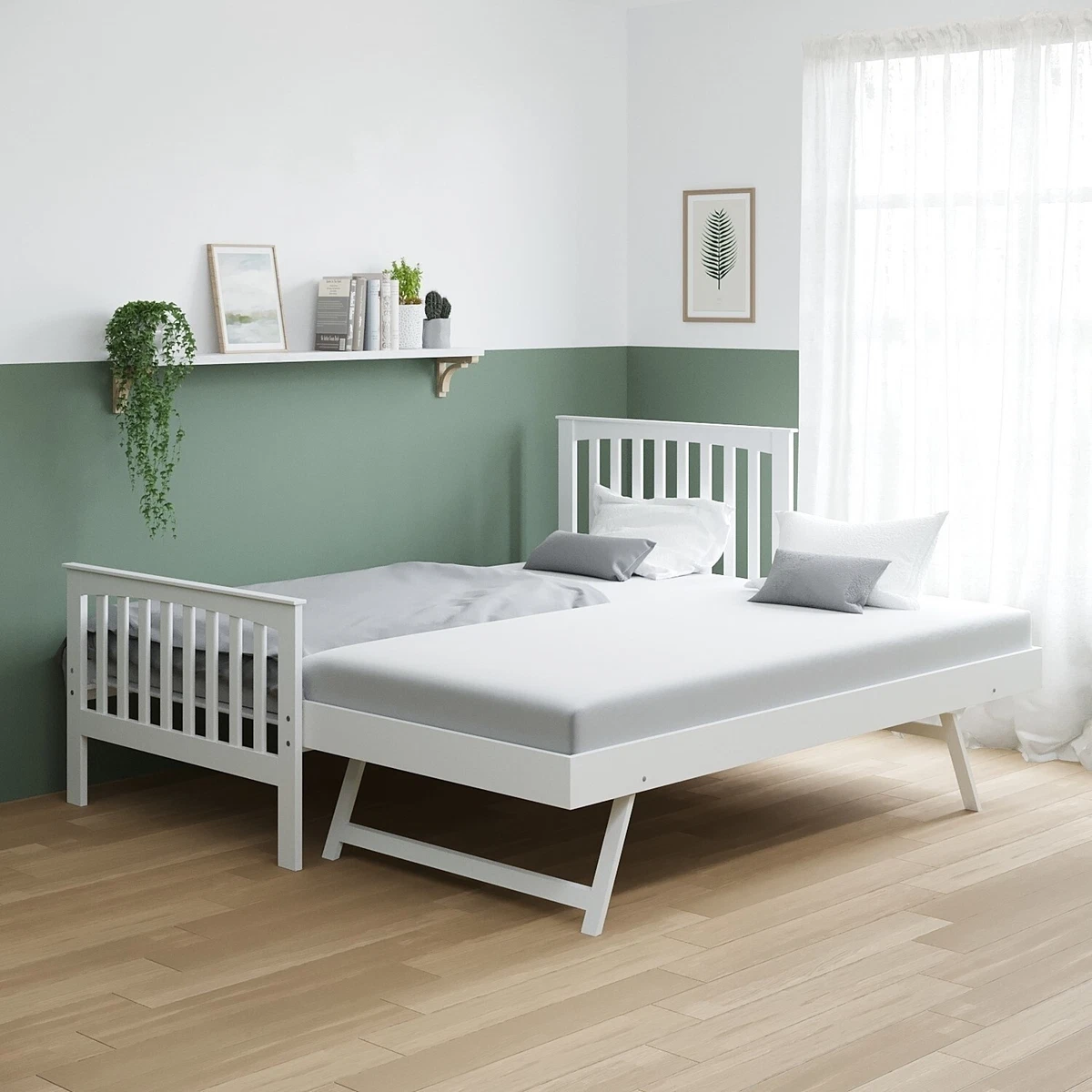 Single Bed White Wooden with Trundle Bed Modern