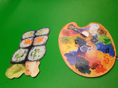 2 Refrigerator Fridge Magnets:  SUSHI & PAINTER'S ARTIST'S PALLETTE (used)