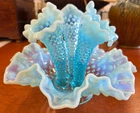 Vintage Fenton Blue Opalescent Glass Hobnail Epergne 3 Horn Trumpet Vase Ruffled