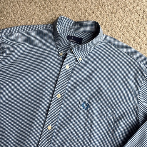 Fred Perry Gingham Karo Hemd Herren Größe XL Extra Large Blau Kurzarm Mod