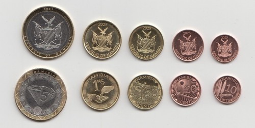 NAMIBIA New Set 5 coins 10, 20, 50, 1, 5 with BIMETALLIC all MINT 2025 Issue