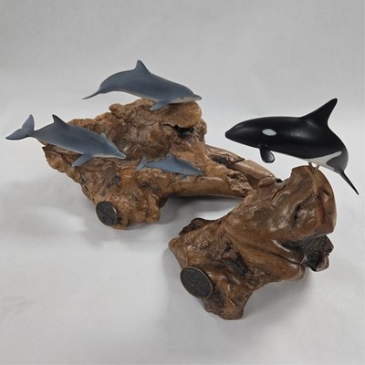 2 JOHN PERRY Sculptures ~ 3 Dolphins & Orca Killer Whale ~ Pellucida On Burlwood