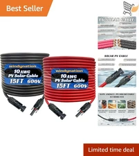 10 AWG Solar Extension Cable 15ft Black + Red PV Connectors Outdoor  Listed
