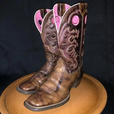Ariat Boots Womens 9 Brown Pink Distressed Western Leather Square Toe Cowboy