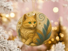Cat Ceramic Golden Kitty Green Eyes Christmas Tree Decor Celestial Fantasy Gift