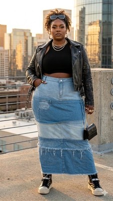 SIZE 4XL XPLUSWEAR  NEW Tiered Patchwork Denim Maxi Skirt Boho Blue Jean