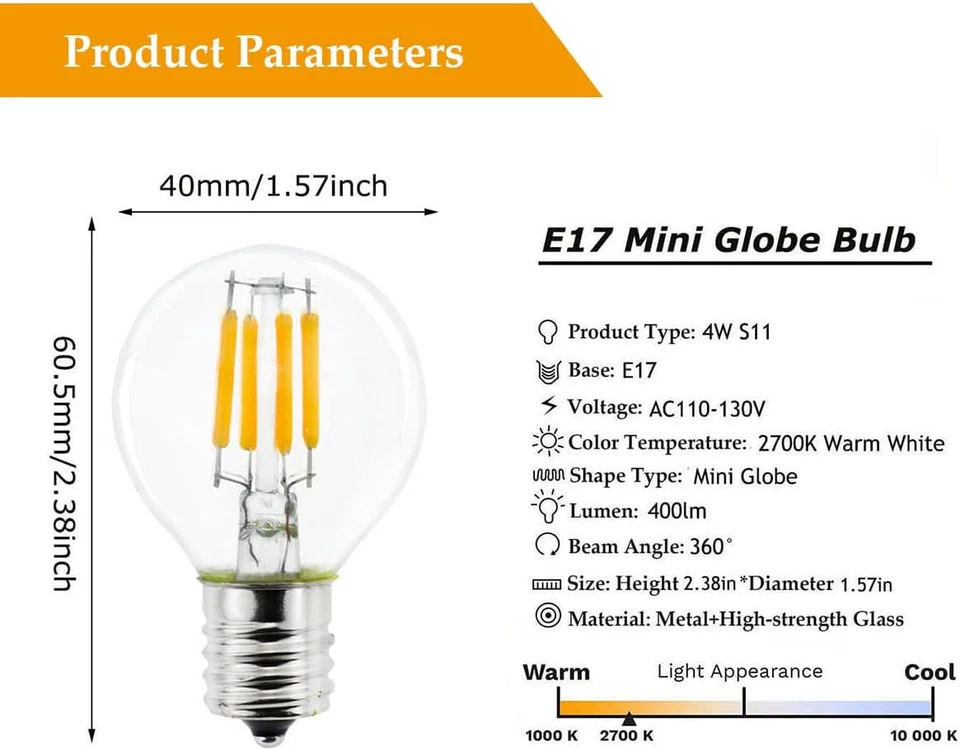 2-Pack E17 Mini Globe Bulb S11 LED Light Bulb,E17 Intermediate Base 4W Warm Whit - Image 2 of 4
