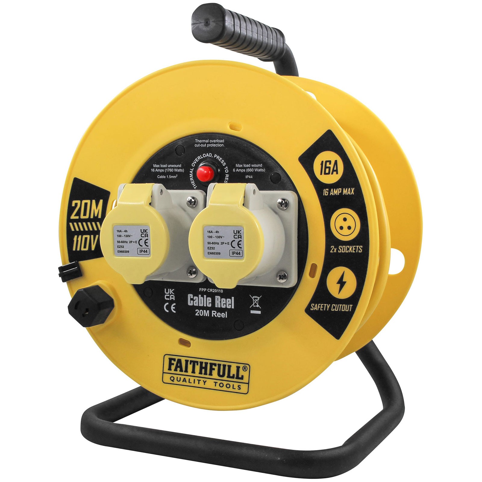 Faithfull Power Plus Open Cable Reel 110V 20m 16A 2 Socket 1.5mm Cable
