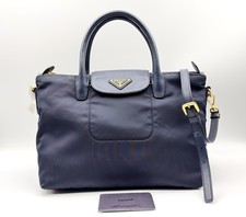 PRADA Re-Nylon Canvas and Leather Tote Bag navy blue medium size