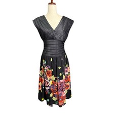 Adrianna Papell Black Silk V-Neck Midi Dress with Multicolor Floral Skirt Size 6