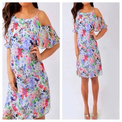 Emma & Michele Green Blue Red Floral Ruffle Shift Dress S Small