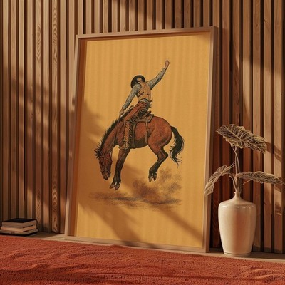 Retro Rodeo Cowboy Wall Art, Bucking Horse Southwestern Decor Print