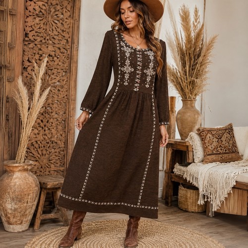 Sweet Magnolia Brown Embroidered Maxi Dress Boho Cottagecore Peasant Size small