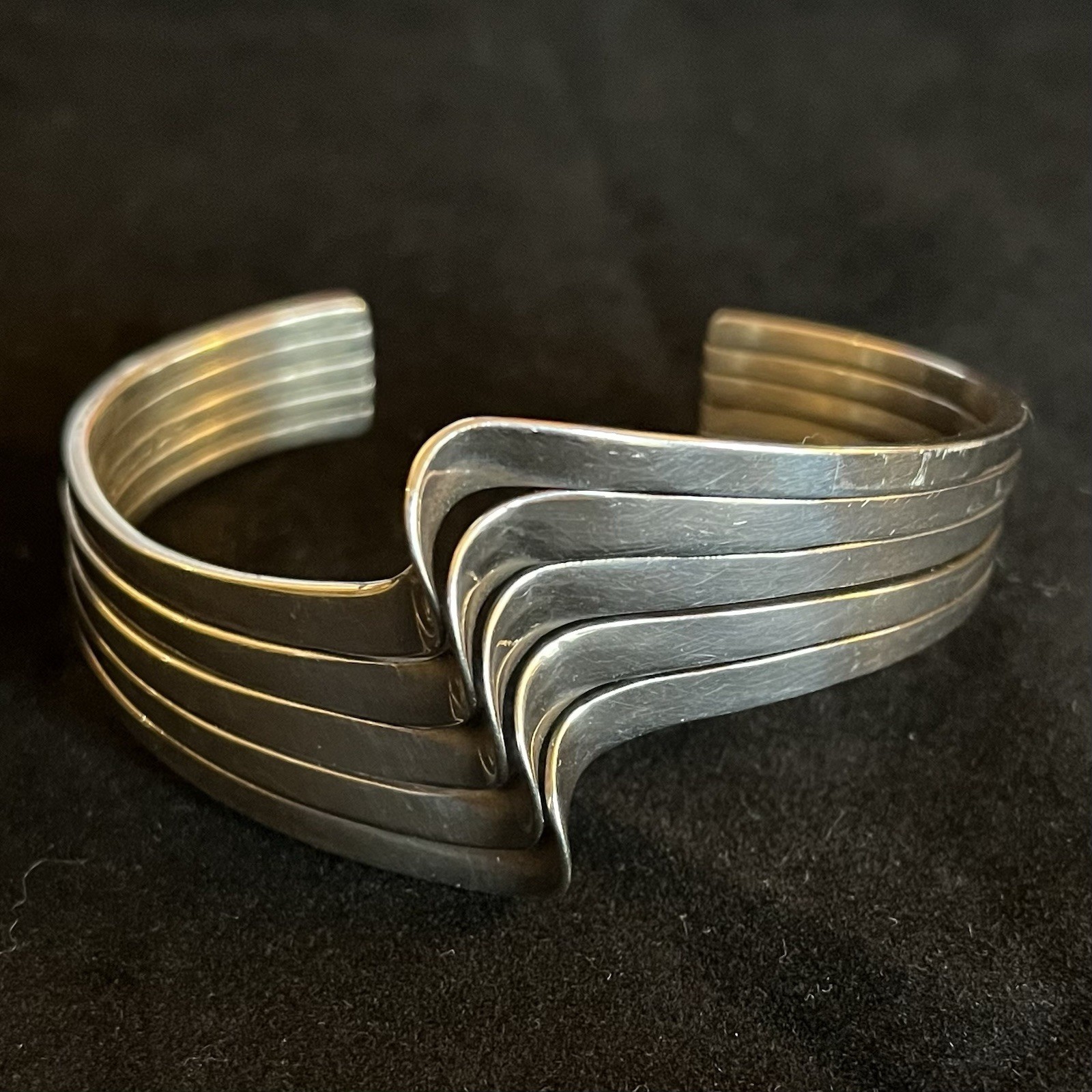Sterling Silver Signed Wave Cuff Bracelet Modern … - image 9