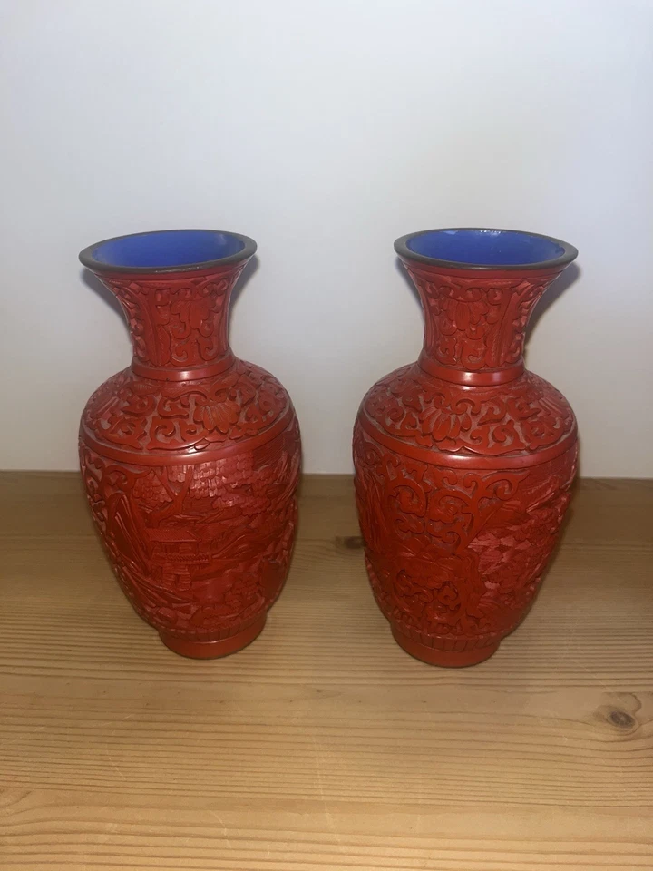 4 rote asiatische Deko-Vasen – Cinnabar-Optik – verschiedene Größen – Set - Bild 2 von 4