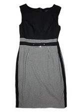 WHBM Black White Sleeveless Houndstooth Print Pencil Dress Side Stripes 6