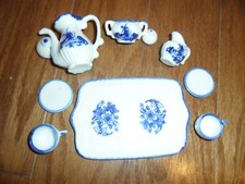 Vintage Hand Painted Delft Blue Miniature Tea Set Porcelain  10 Pcs