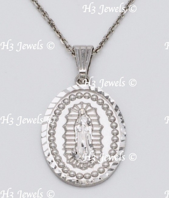 14k Solid White Gold Virgin Mary Lady Guadalupe Oval pendant Charm #15187 2.90gr