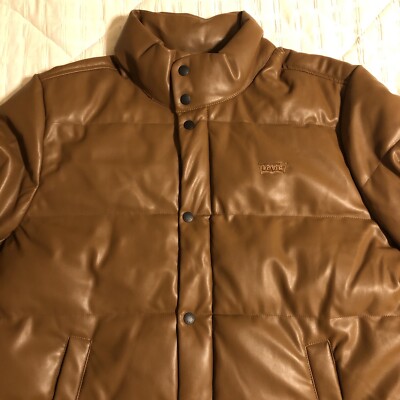 Levi's Bubble Puffer Coat Jacket Faux Leather 'Saddle Brown' Large