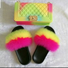 Women Real Fur Slides Slippers With Matching Bag