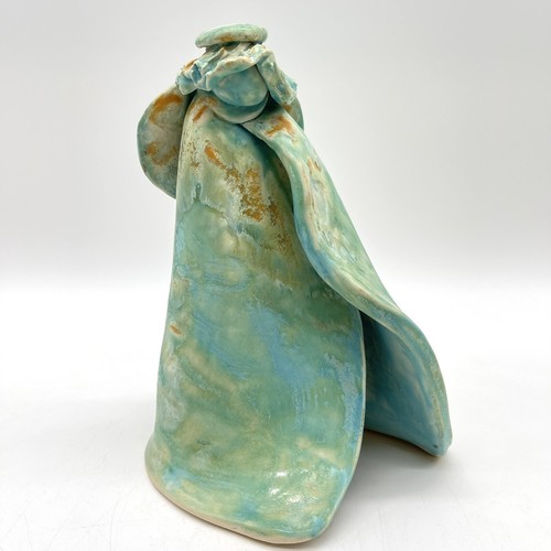 Signed Studio Art Pottery Handmade Sculpture Shepherd Blue Green 6.5” Tall