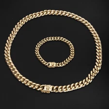 14k Gold Plated Stainless Steel Miami Cuban Link Bracelet Chain Combo Set 4-8mm