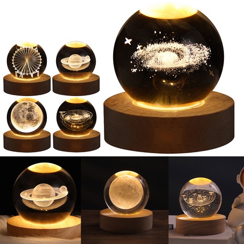 LED Crystal Table Lamp USB 3D Moon Galaxy Globe Night Light Kids Xmas