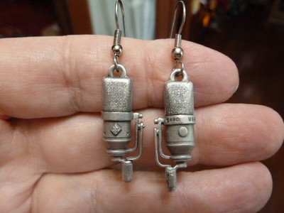 (M-6-D) Neuman NEUMANN TLM 170 Microphone pewter dangle earrings I love mics