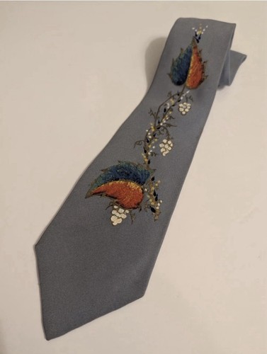 Penney's Towncraft 1950s Art Deco Blue Floral Embroidered Men's Neck Tie