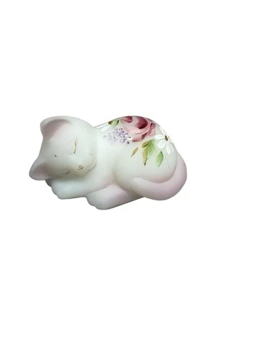 Vtg. Fenton White Satin Sleeping Glass Cat Figurine Hand-Painted Floral Design