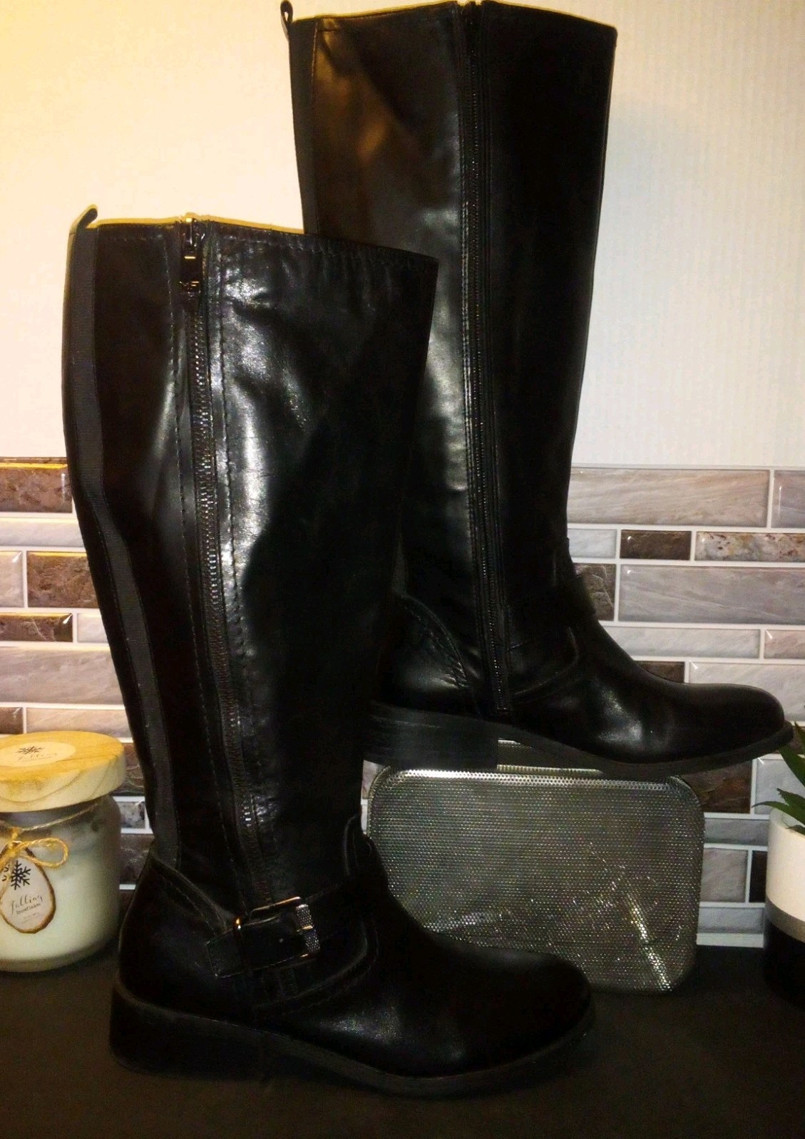 Marc Fisher Glimmer Black Leather Side Zip Riding Boots Size 6.5