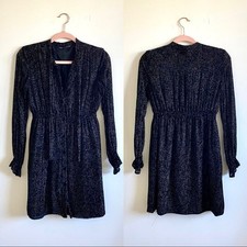 Zara Velvet Swiss Dot Long Sleeve Black Button Front Dress Small