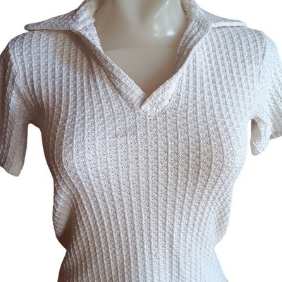 True Vintage Top Small 80's Cream Short-Sleeve Textured Knit Collared Prep Mom